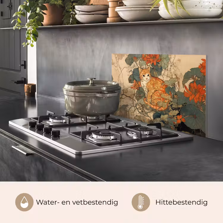 Spatscherm keuken - Kat - Sierlijk - Bloemen — 2