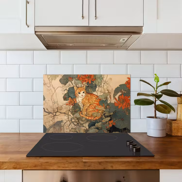 Spatscherm keuken - Kat - Sierlijk - Bloemen — 3