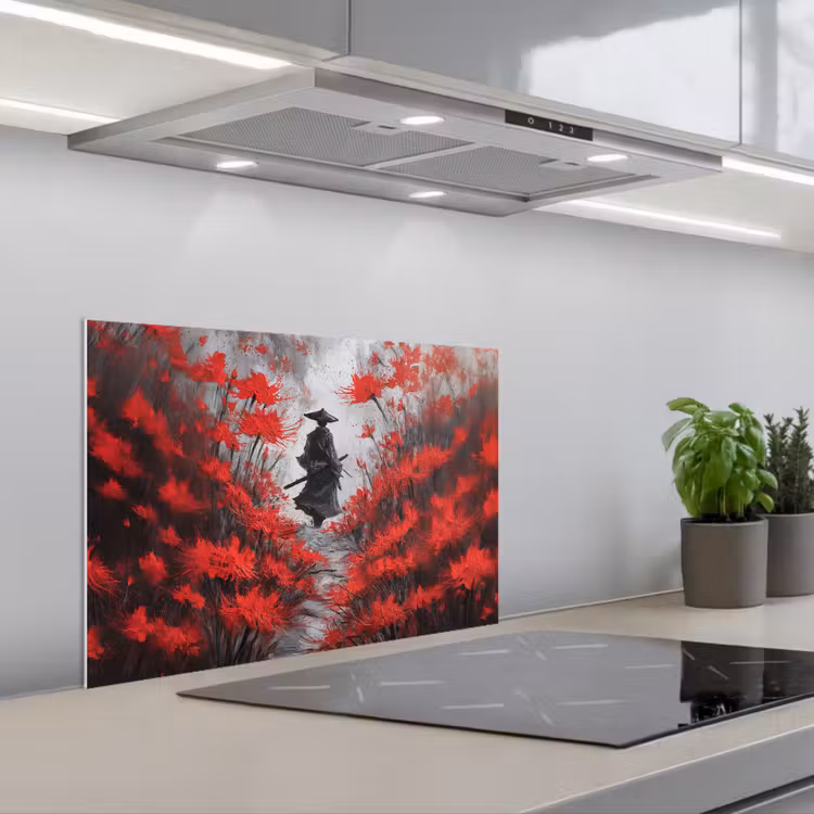 Spatscherm keuken - Rode bloemen - mistig - Man — 1