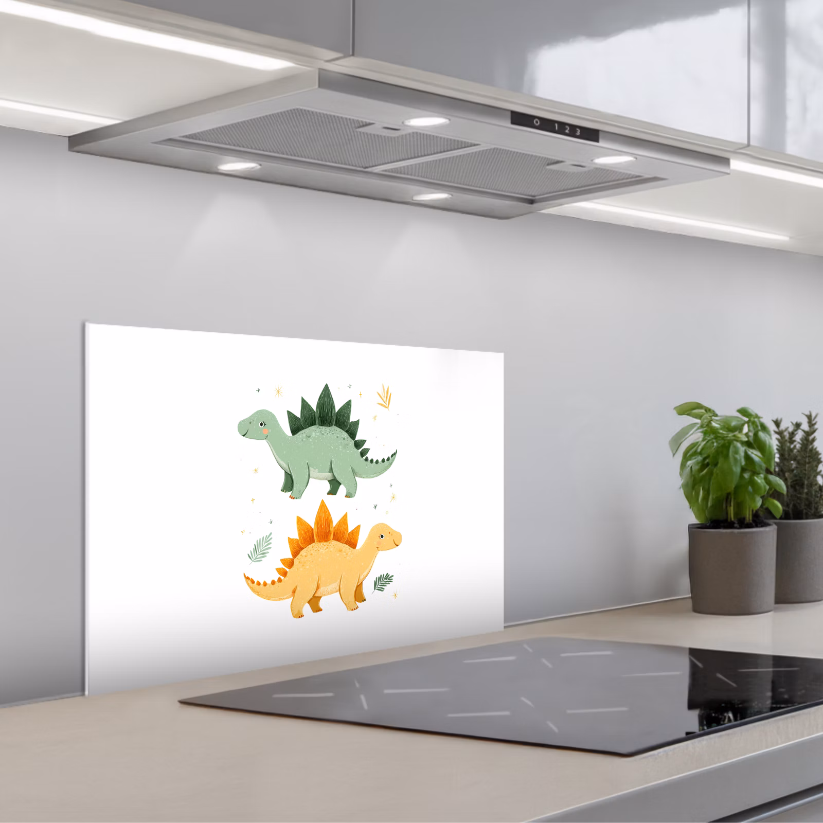 Spatscherm keuken - Sterren - Stegosaurussen - Blaadjes - Groen — 1