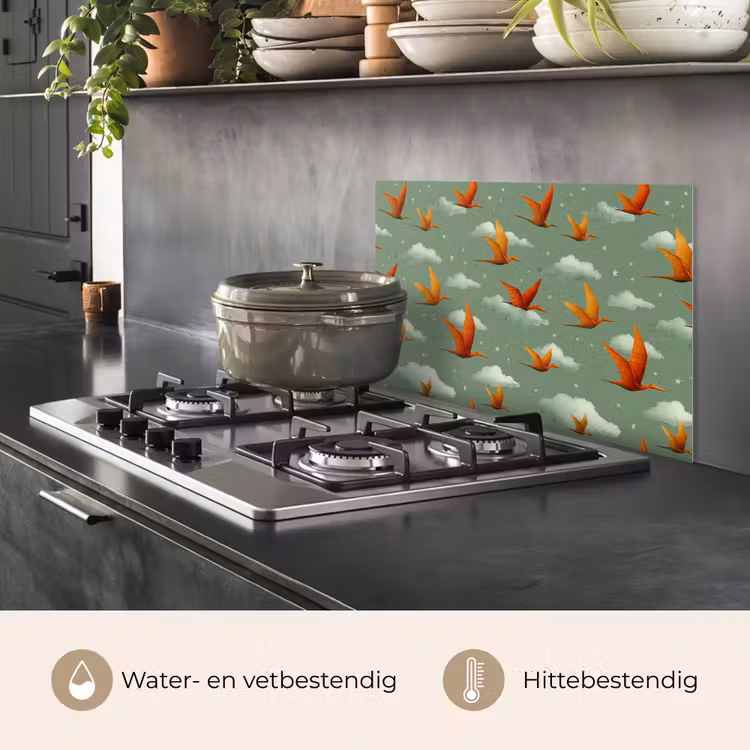 Spatscherm keuken - Dinosaurussen - Wolken - Sterren - Oranje — 2