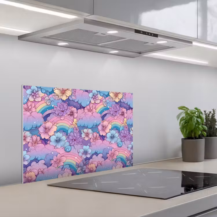 Spatscherm keuken - Regenbogen - Bloemen - Kleurrijk - Wolken — 1