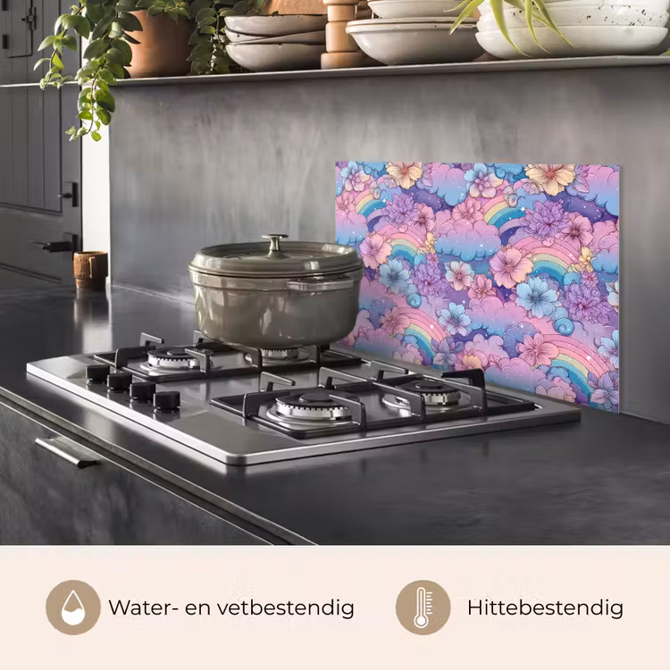 Spatscherm keuken - Regenbogen - Bloemen - Kleurrijk - Wolken — 2
