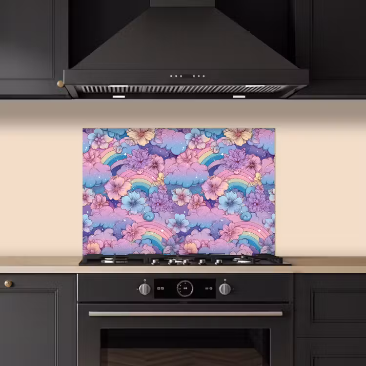 Spatscherm keuken - Regenbogen - Bloemen - Kleurrijk - Wolken — 5
