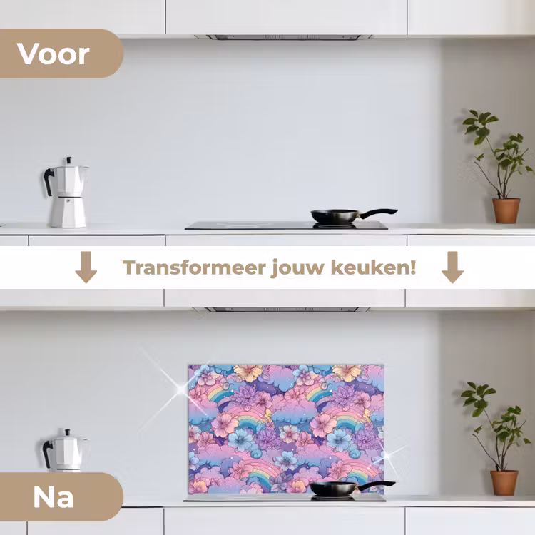 Spatscherm keuken - Regenbogen - Bloemen - Kleurrijk - Wolken — 7