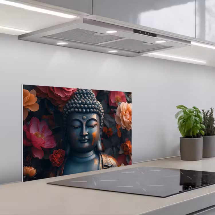 Spatscherm keuken - Boeddha - Bloemen - Buddha - Beeld - Kunst — 1