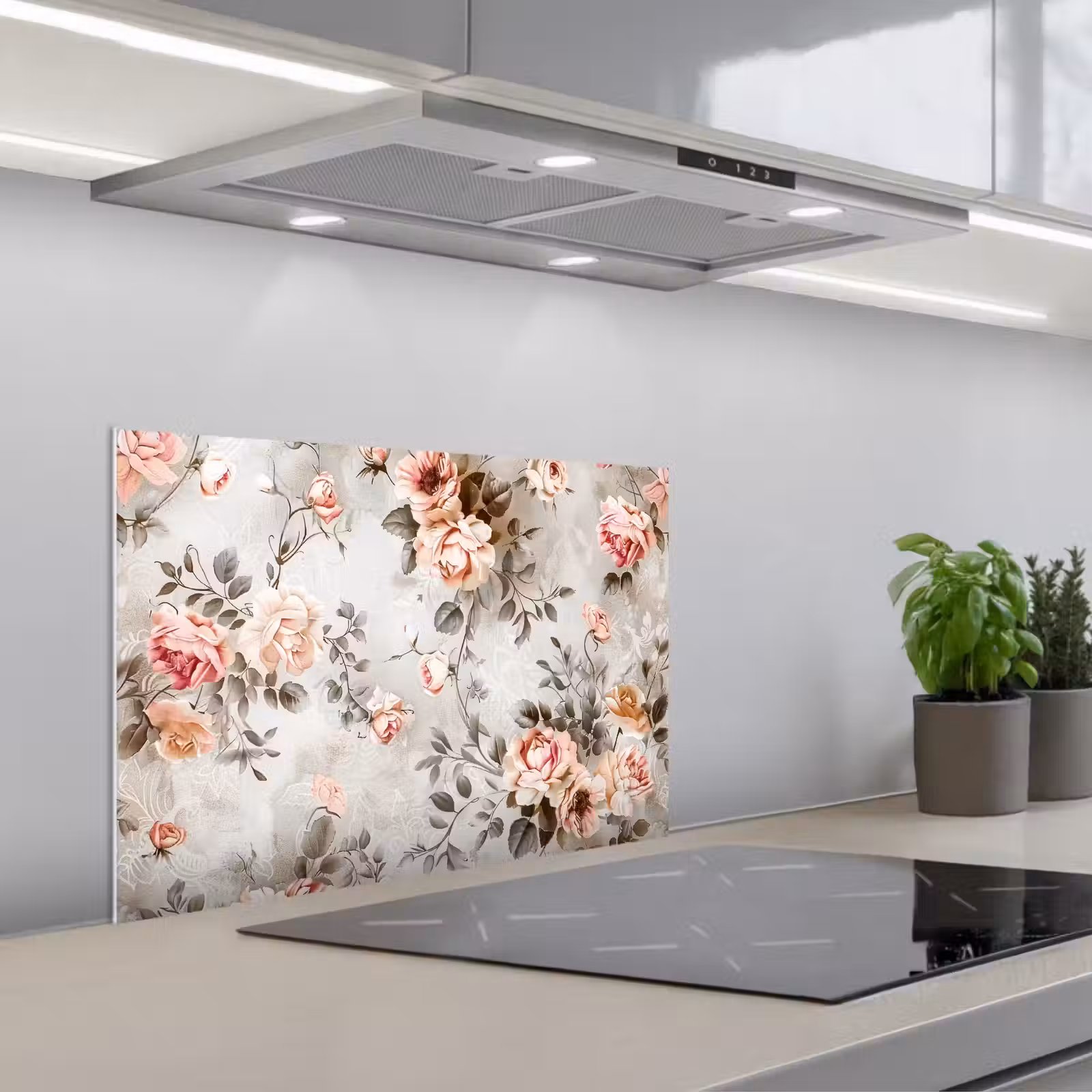 Spatscherm keuken - Bloemen - Beton - Planten - Roze — 1