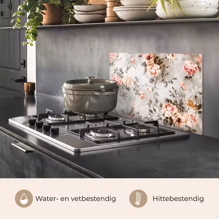 Spatscherm keuken - Bloemen - Beton - Planten - Roze — 2