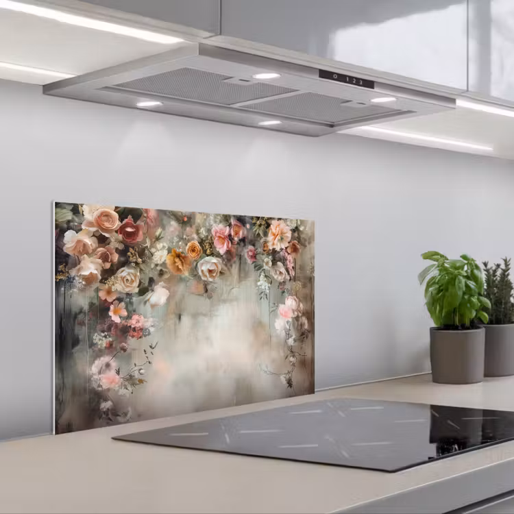 Spatscherm keuken - Bloemen - Beton - Rozen - Grijs — 1