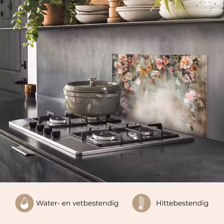 Spatscherm keuken - Bloemen - Beton - Rozen - Grijs — 2