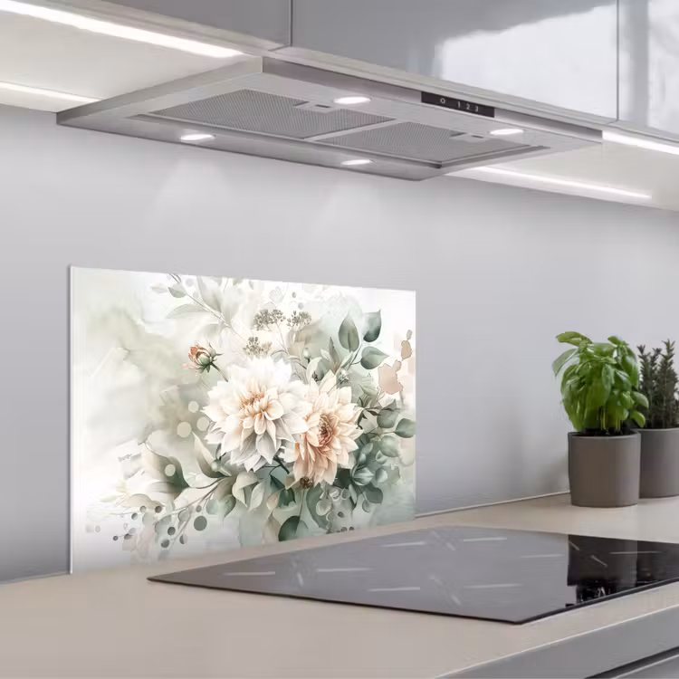 Spatscherm keuken - Bloemen - Wit - Planten - Dahlia's — 1
