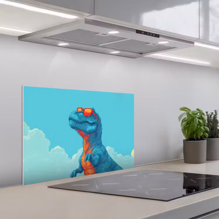 Spatscherm keuken - T-Rex - Blauw - Wolken - Zonnebril — 1