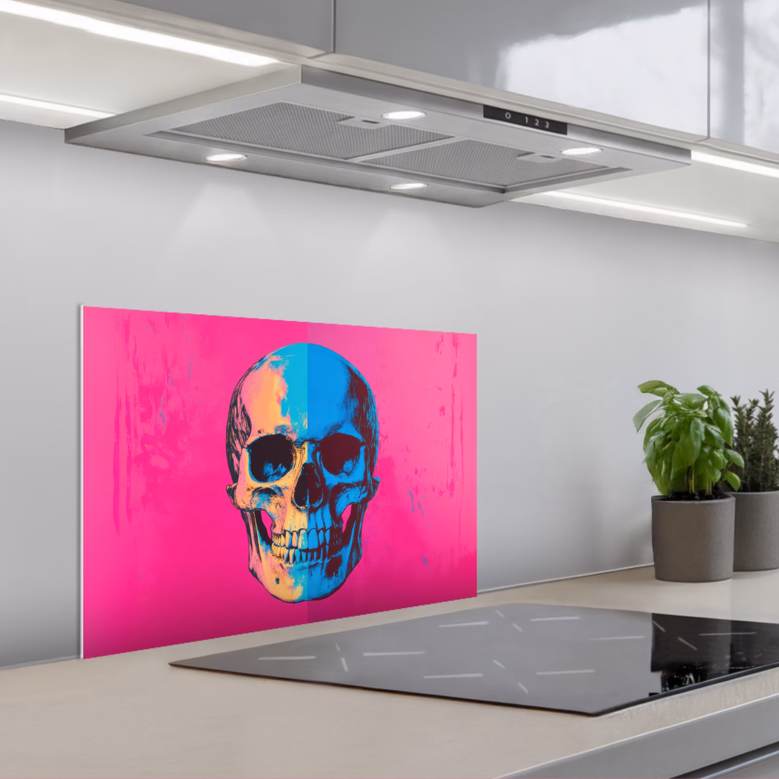 Spatscherm keuken - Neon - Blauw - Pop-art - Schedel — 1