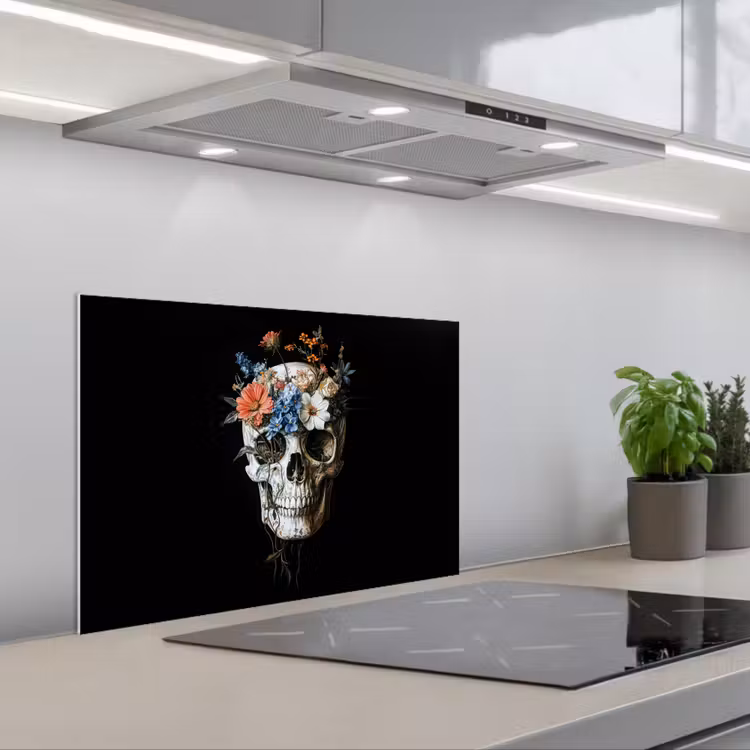 Spatscherm keuken - Bloemen - Schedel - Kleurrijk — 1