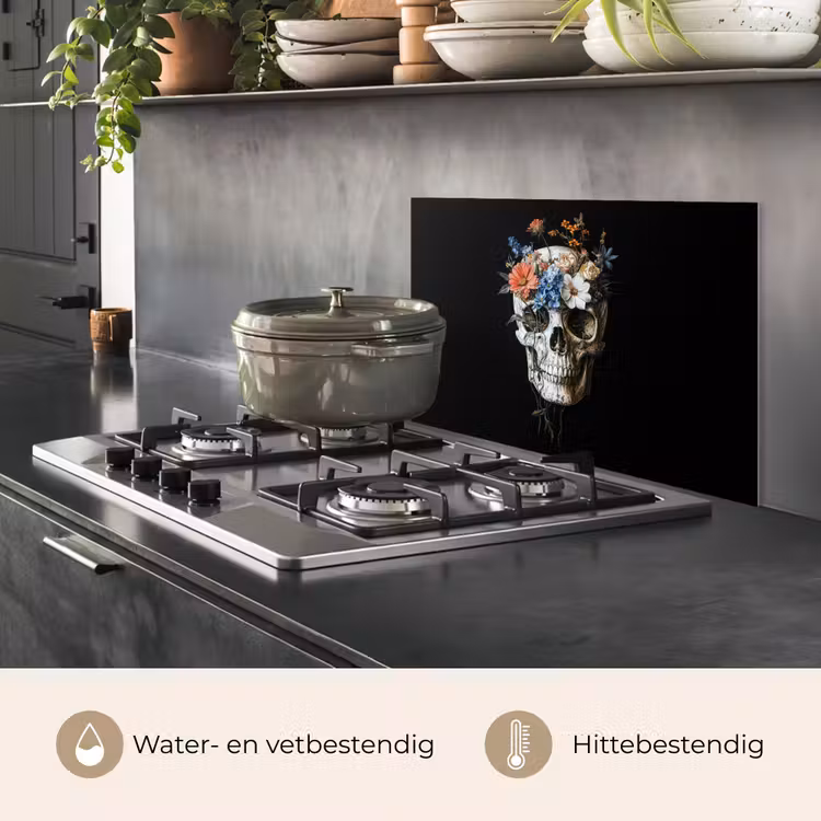 Spatscherm keuken - Bloemen - Schedel - Kleurrijk — 2