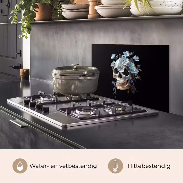 Spatscherm keuken - Schedel - Blauw - Bloemen - Bladeren — 2