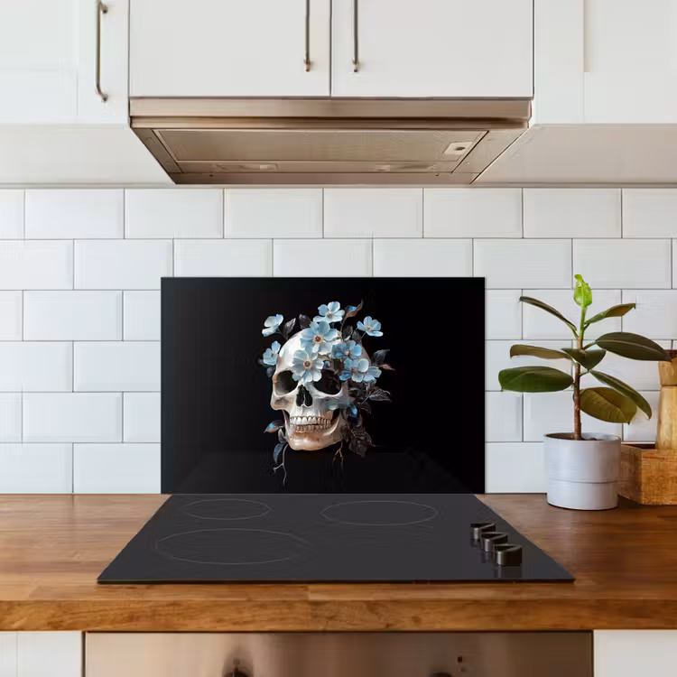 Spatscherm keuken - Schedel - Blauw - Bloemen - Bladeren — 3