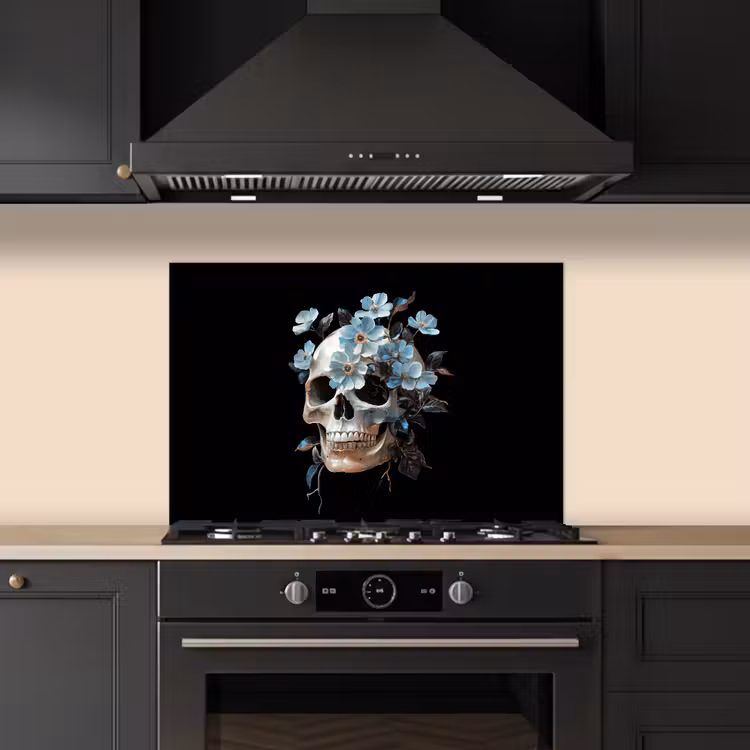 Spatscherm keuken - Schedel - Blauw - Bloemen - Bladeren — 5