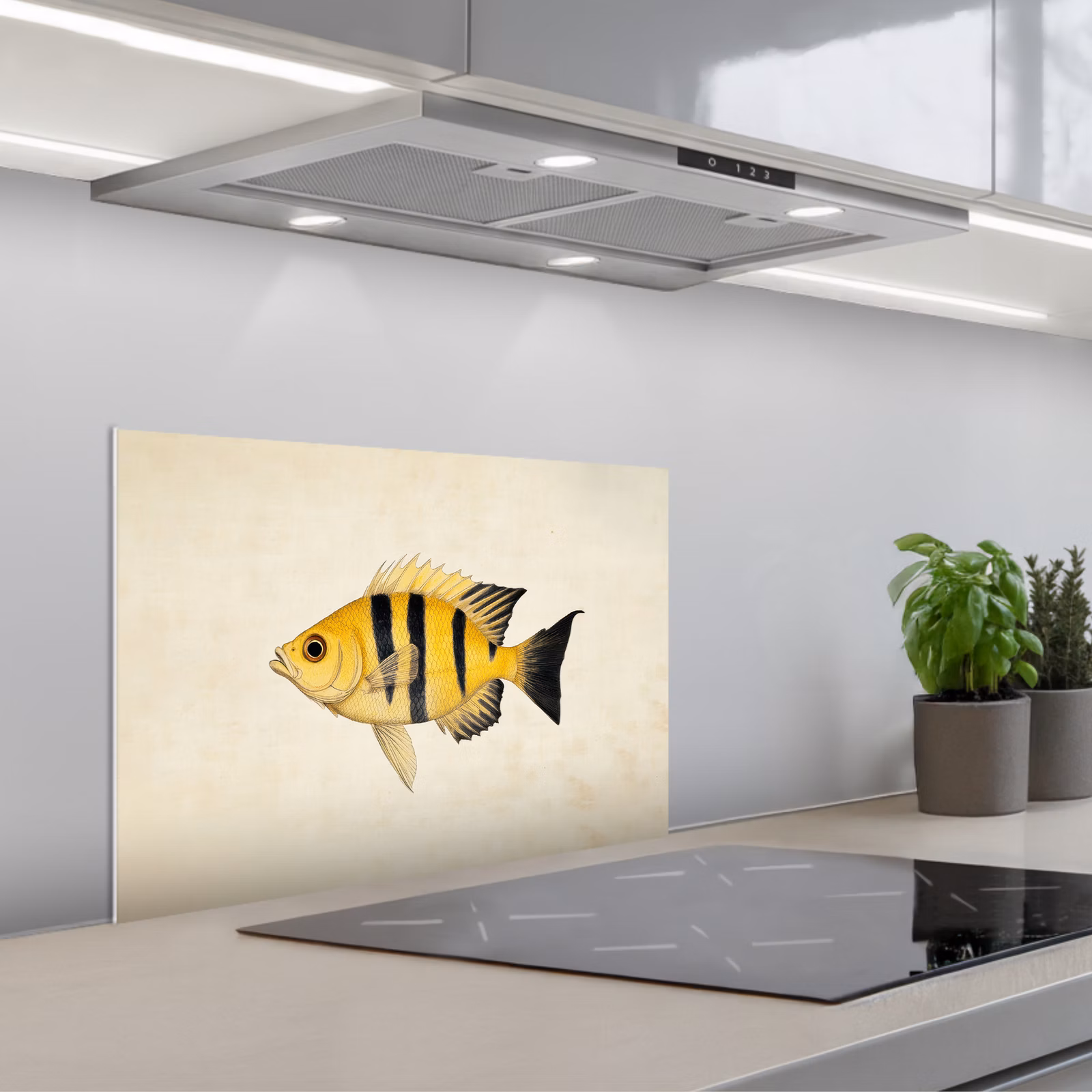 Spatscherm keuken - Geel - Vis - Strepen - Tropisch — 1