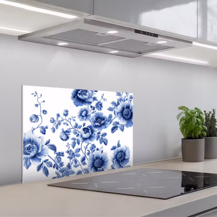 Spatscherm keuken - Bloemen - Delfts blauw - Kunst - Wit — 1