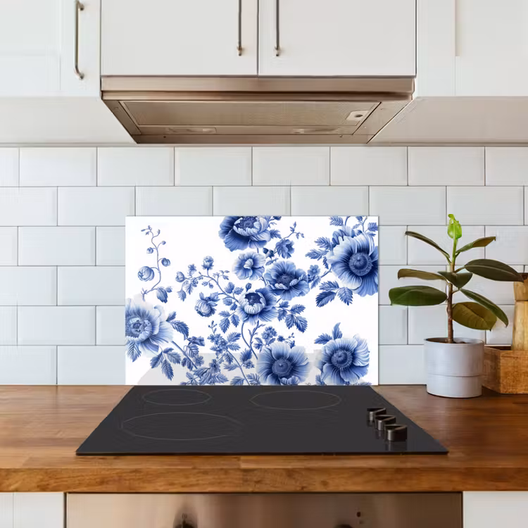 Spatscherm keuken - Bloemen - Delfts blauw - Kunst - Wit — 3