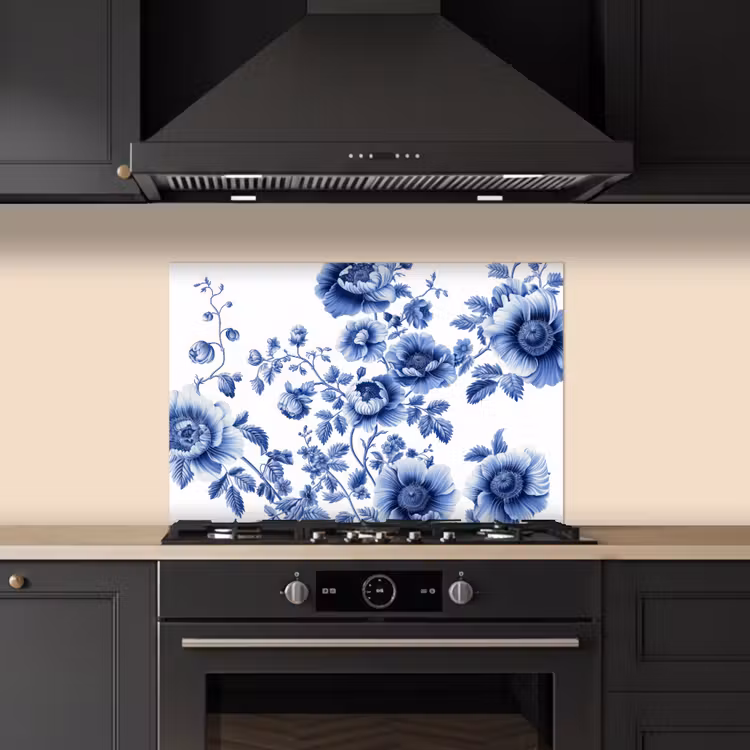 Spatscherm keuken - Bloemen - Delfts blauw - Kunst - Wit — 5