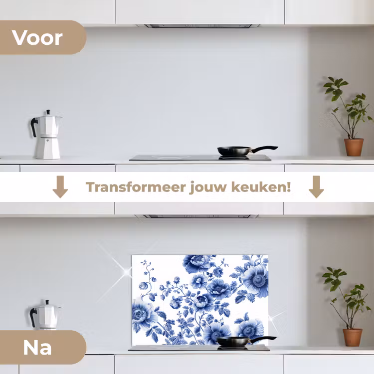 Spatscherm keuken - Bloemen - Delfts blauw - Kunst - Wit — 7
