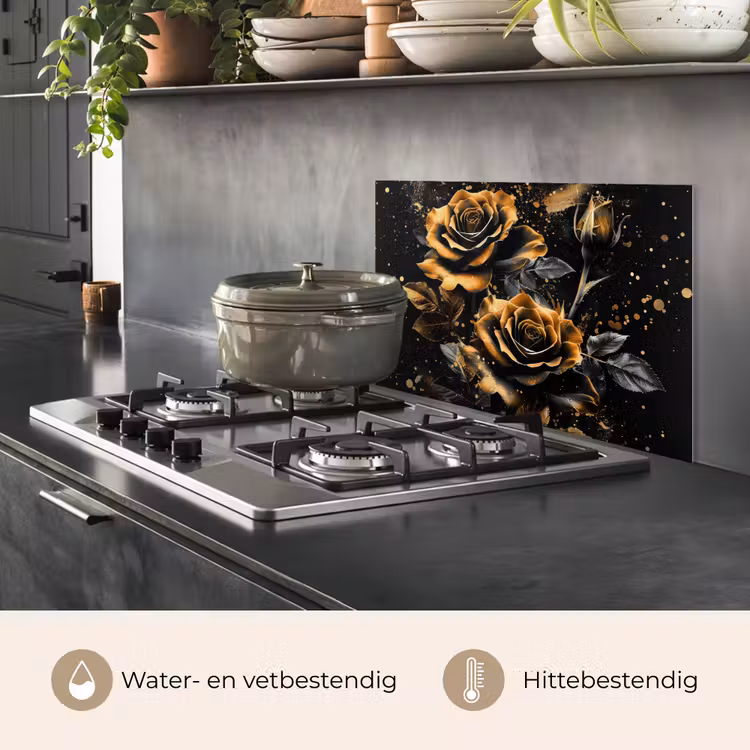 Spatscherm keuken - Bloemen - Goud - Zwart - Kunst — 2
