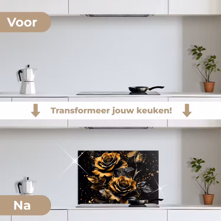 Spatscherm keuken - Bloemen - Goud - Zwart - Kunst — 7
