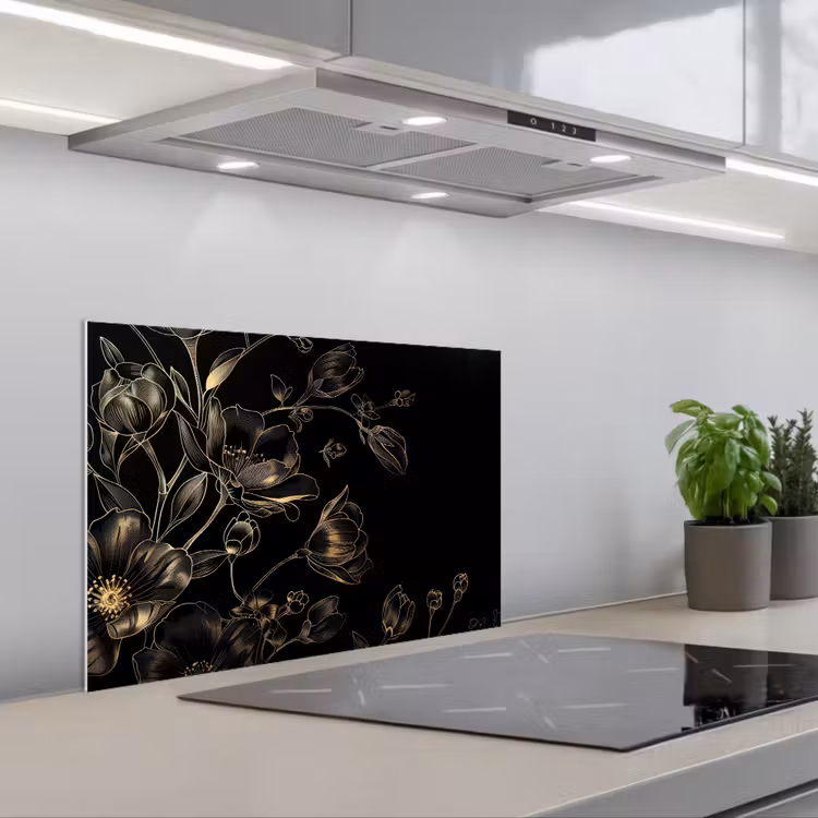 Spatscherm keuken - Bloemen - Kunst - Goud - Zwart — 1