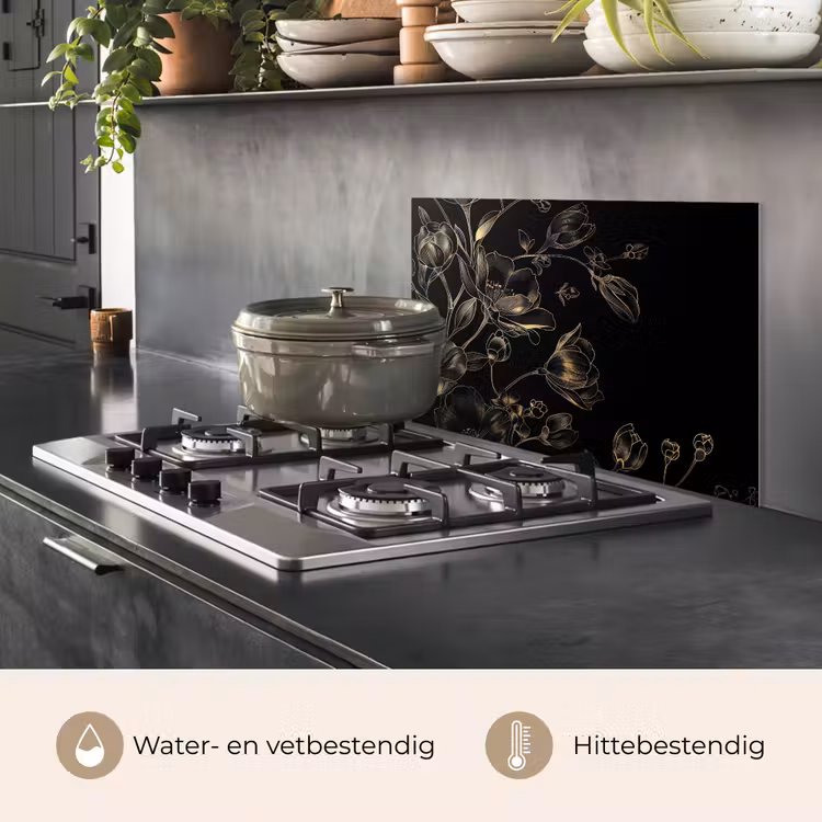 Spatscherm keuken - Bloemen - Kunst - Goud - Zwart — 2