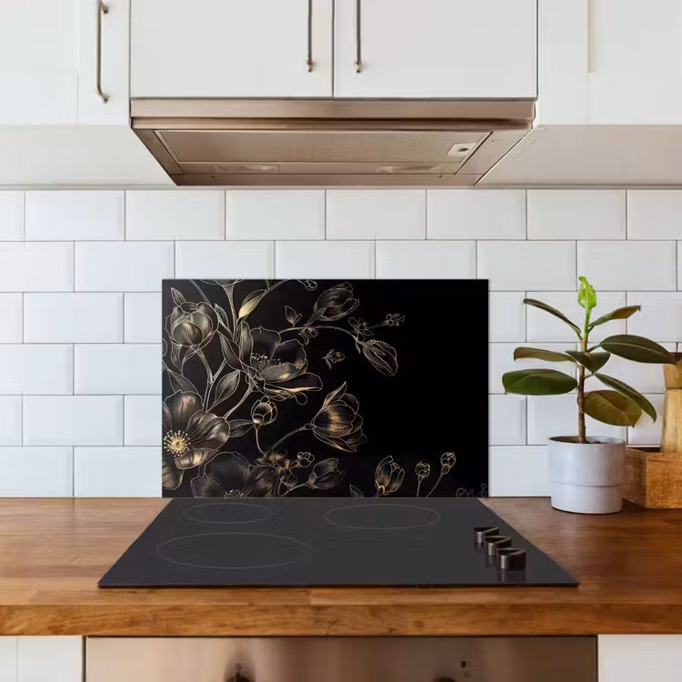 Spatscherm keuken - Bloemen - Kunst - Goud - Zwart — 3