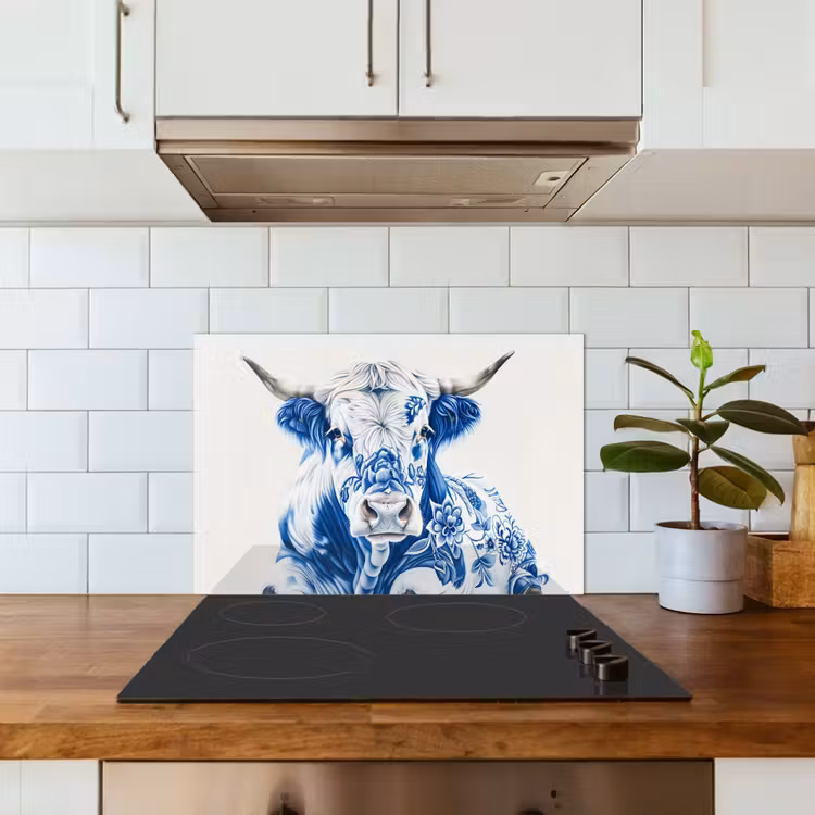 Spatscherm keuken - Koe - Delfts blauw - Bloemen - Kunst — 3