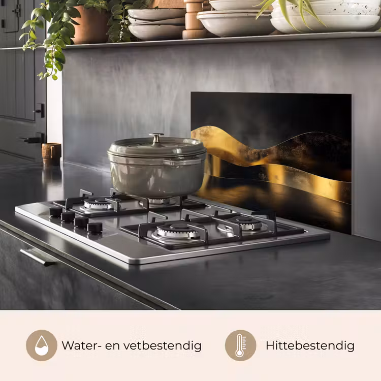 Spatscherm keuken - Zwart - Goud - Golven - Schaduw — 2