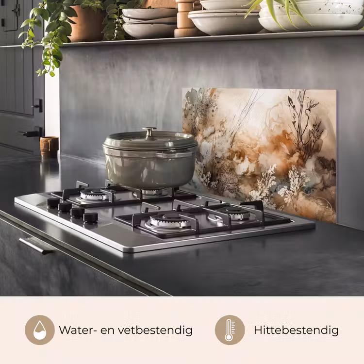 Spatscherm keuken - Abstract - Beige - Verf - Kunst - Natuur - Bloemen — 2