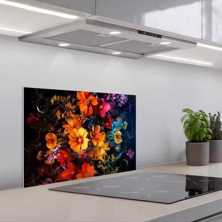 Spatscherm keuken - Bloemen - Kleurrijk - Zwart — 1