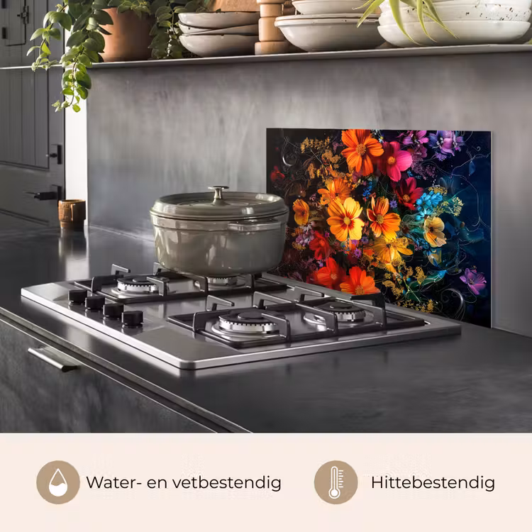 Spatscherm keuken - Bloemen - Kleurrijk - Zwart — 2