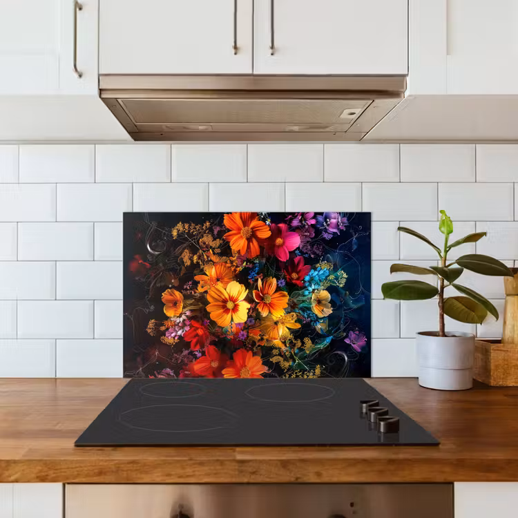 Spatscherm keuken - Bloemen - Kleurrijk - Zwart — 3
