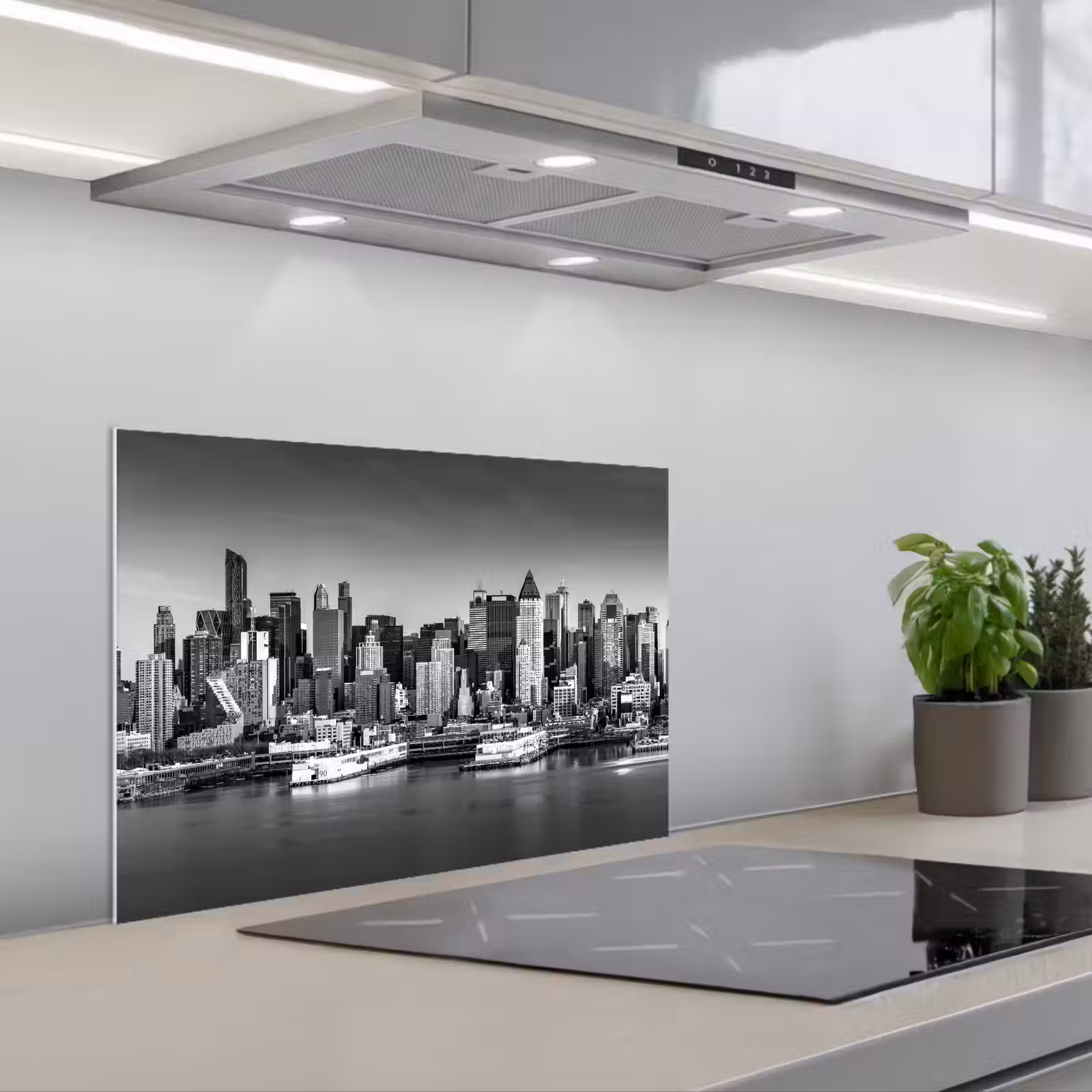 Spatscherm keuken - Skyline - Stad - Wolkenkrabbers - Zwart - Wit — 1