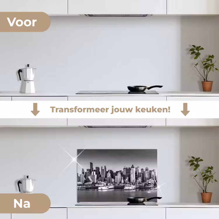 Spatscherm keuken - Skyline - Stad - Wolkenkrabbers - Zwart - Wit — 7