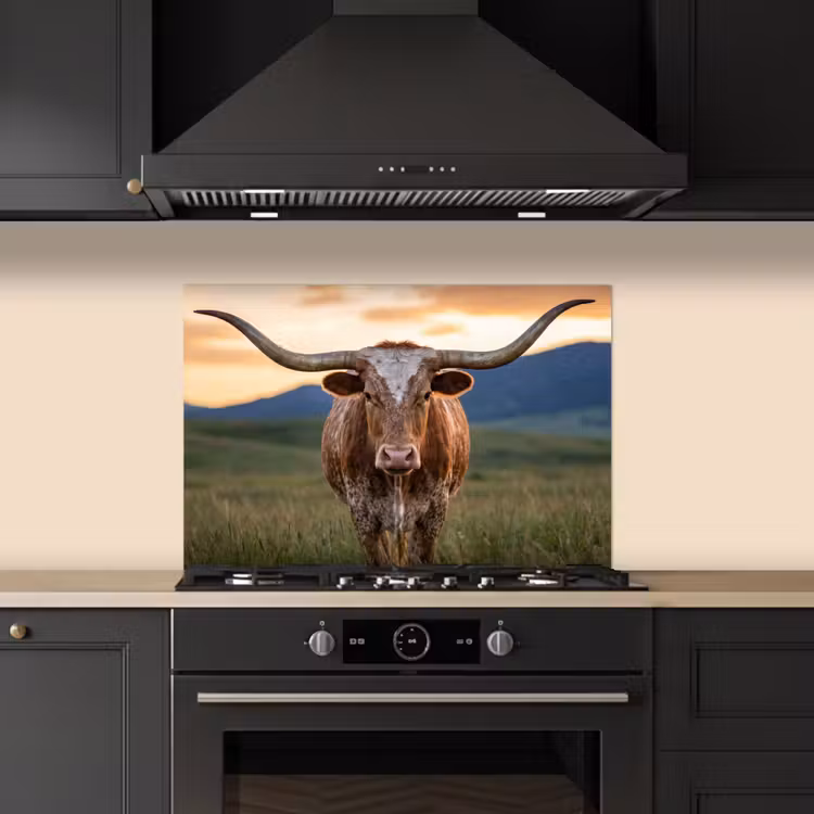Spatscherm keuken - Longhorn - Landschap - Zonsondergang — 5