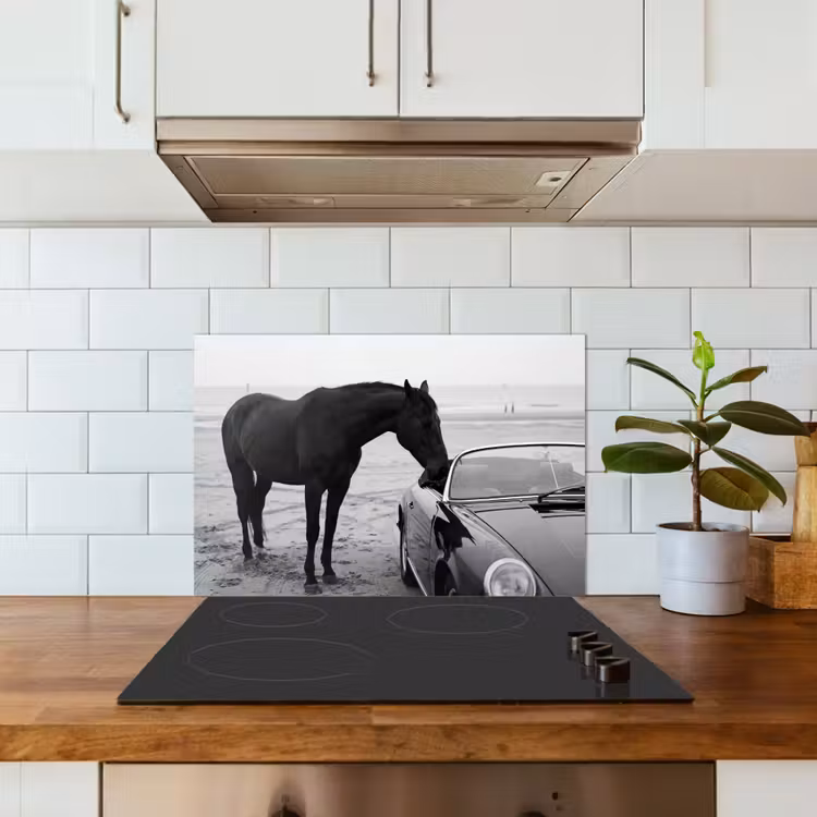 Spatscherm keuken - Paard - Auto - Zwart - Wit — 3