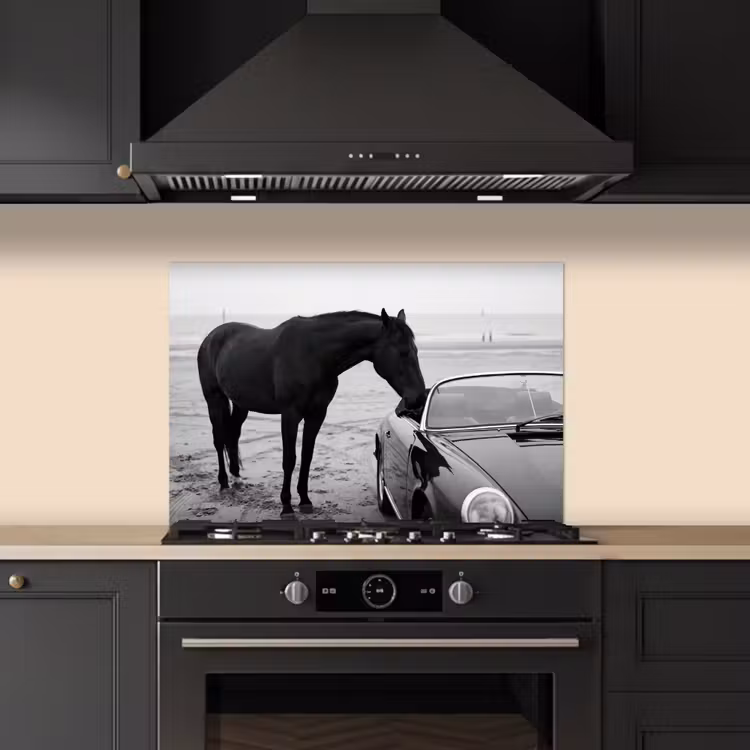 Spatscherm keuken - Paard - Auto - Zwart - Wit — 5