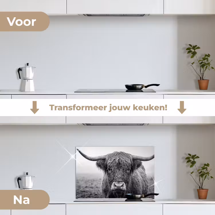 Spatscherm keuken - Schotse hooglander - Zwart - Wit - Gras — 7