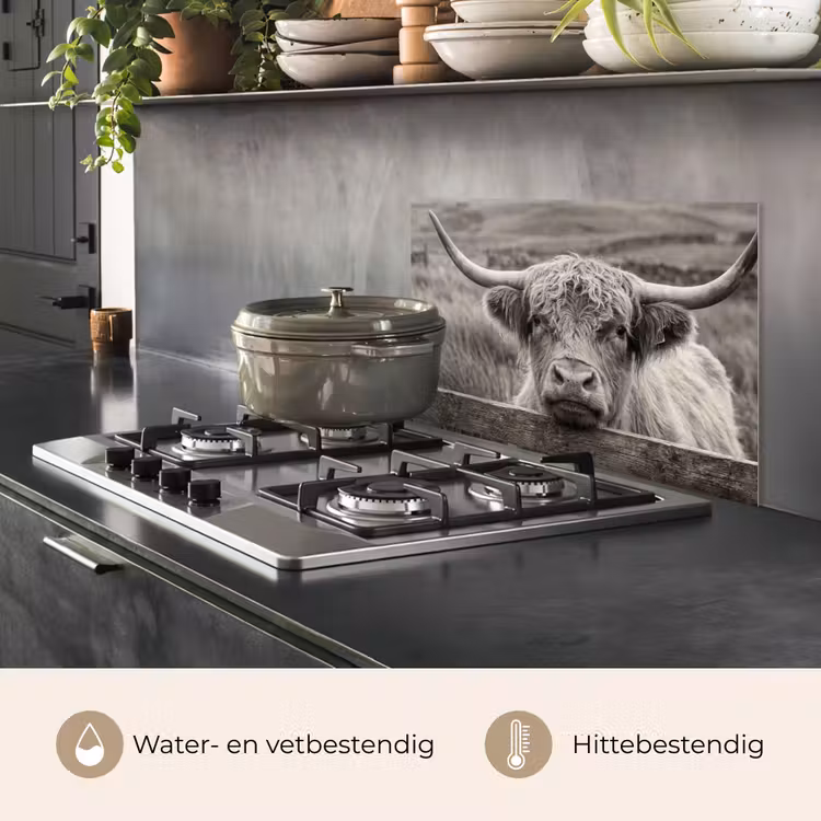 Spatscherm keuken - Schotse hooglander - Zwart - Wit - Hout — 2