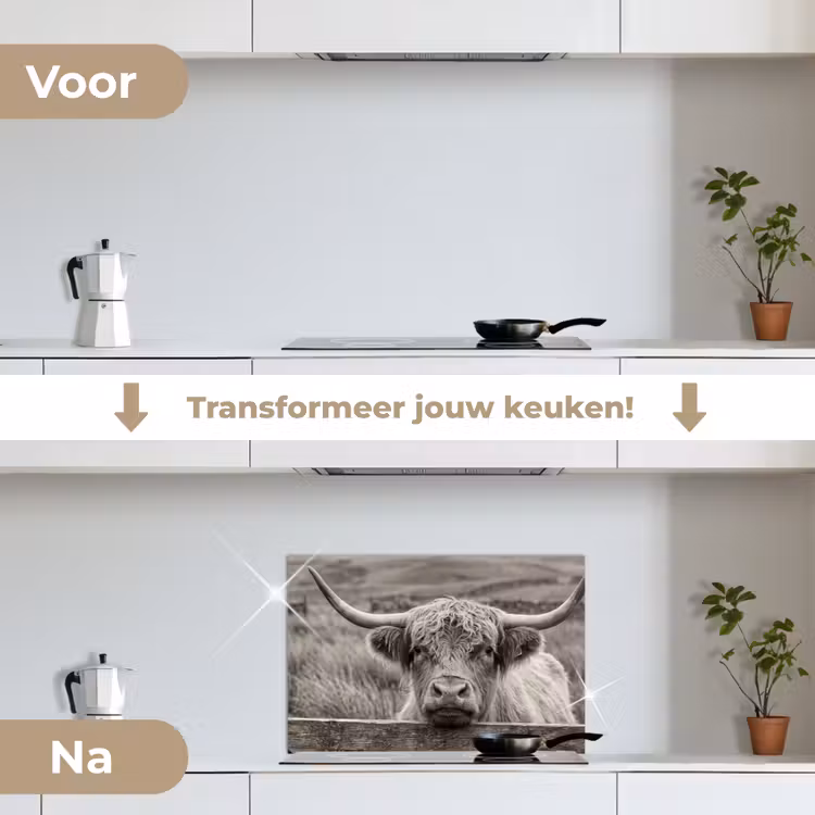 Spatscherm keuken - Schotse hooglander - Zwart - Wit - Hout — 7