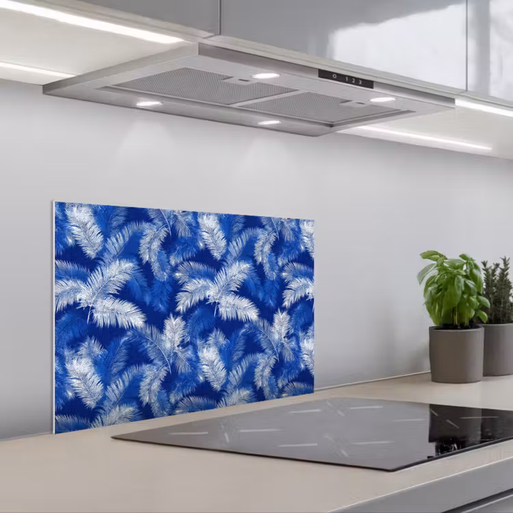 Spatscherm keuken - Palmblad - Patroon - Blauw — 1