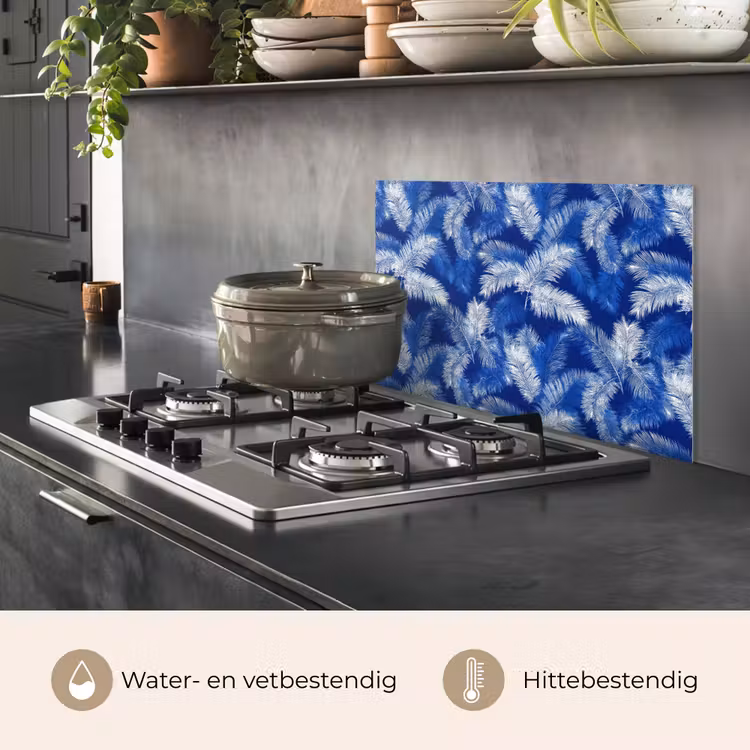 Spatscherm keuken - Palmblad - Patroon - Blauw — 2