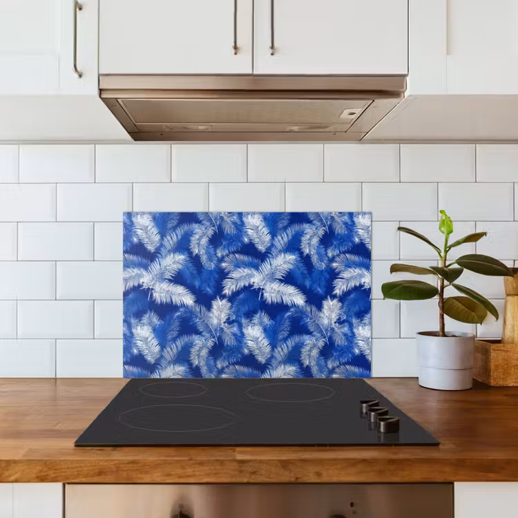 Spatscherm keuken - Palmblad - Patroon - Blauw — 3