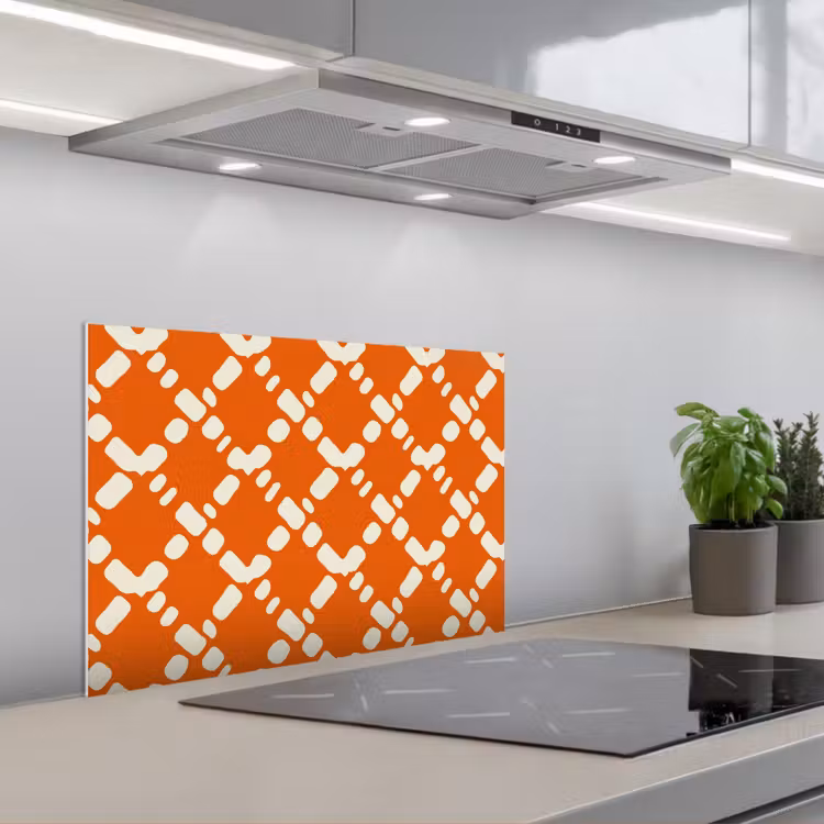 Spatscherm keuken - Oranje - Ruitpatroon - Wit — 1